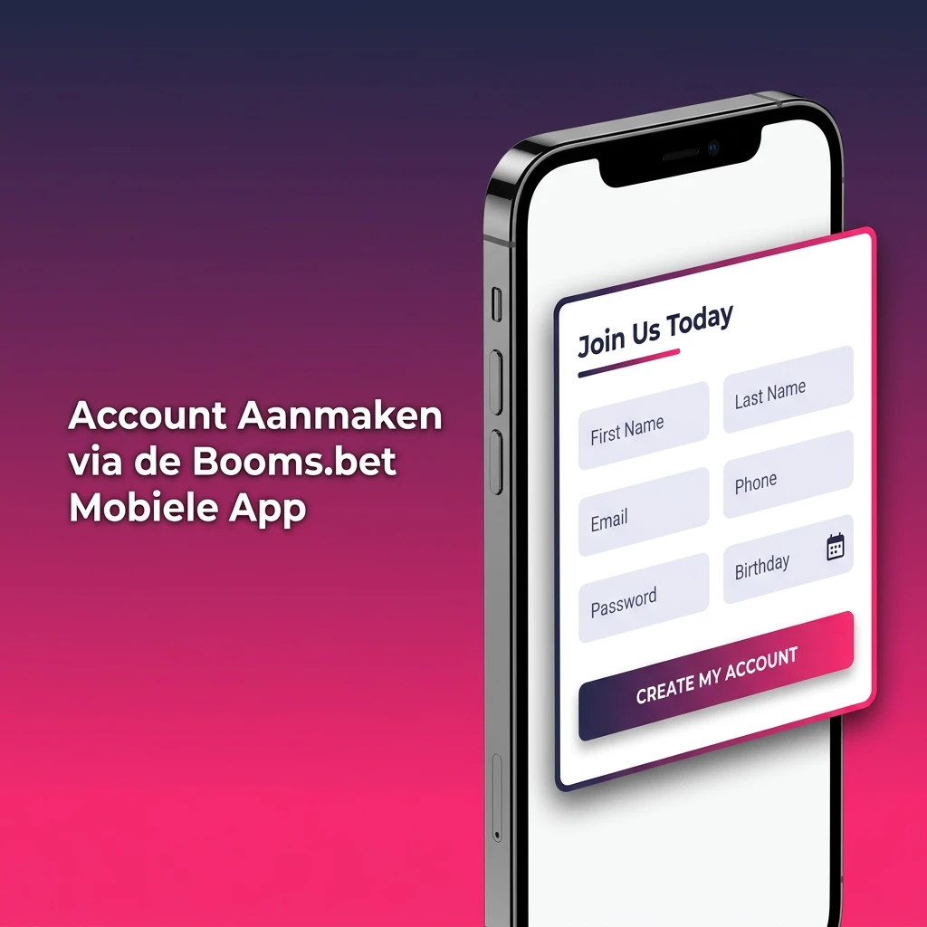 Person registering on Booms.bet mobile app, filling in personal details like email, password, and birthdate to create account.